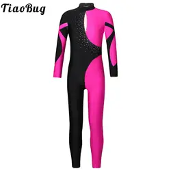 Kids Long Sleeve Rhinestone Full Body Unitard Bodysuit Dancewear Girls Gymnastics Leotards Skating Jumpsuits Performance Suit