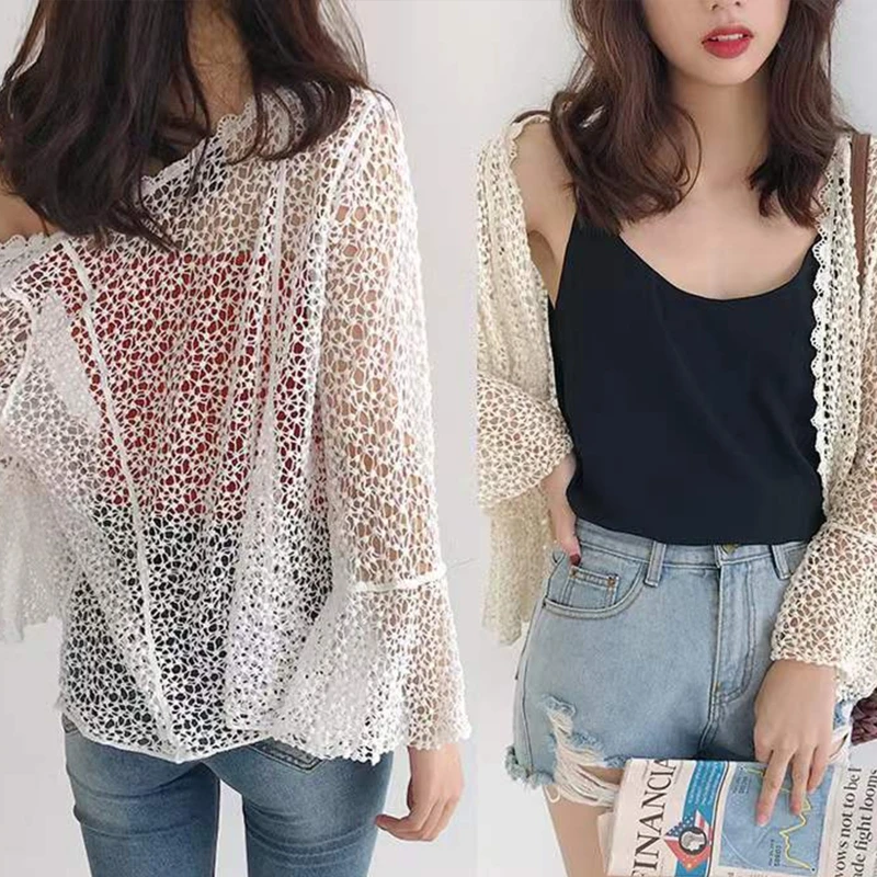 Women Flare Long Sleeve Shrug Cardigan Hollow Out Crochet Knitted Open Front Sheer Lace Cover Up Sweater Loose Outwear