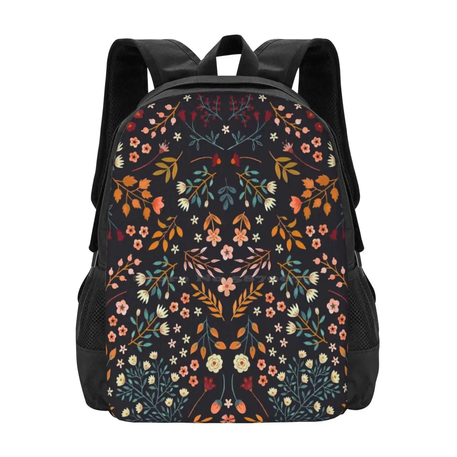 Watercolor Flowers Hot Sale Schoolbag Backpack Fashion Bags Watercolor Wild Flowers Floral Black Hand Painted Field Nature