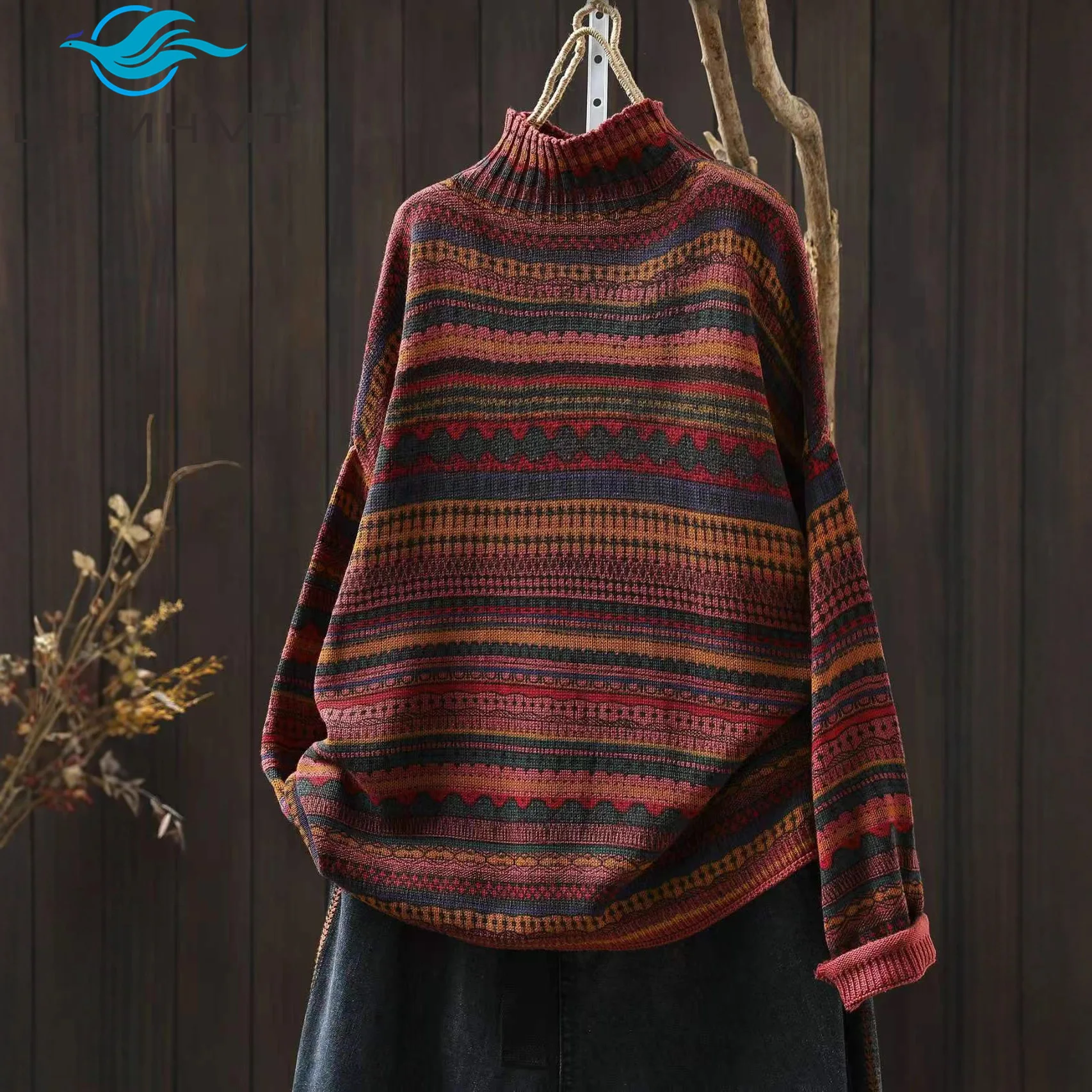 

Новое поступление 2025, осенне-зимний женский хлопковый вязаный свитер в полоску в стиле ретро с полувысоким воротником, свободный пуловер для повседневной одежды