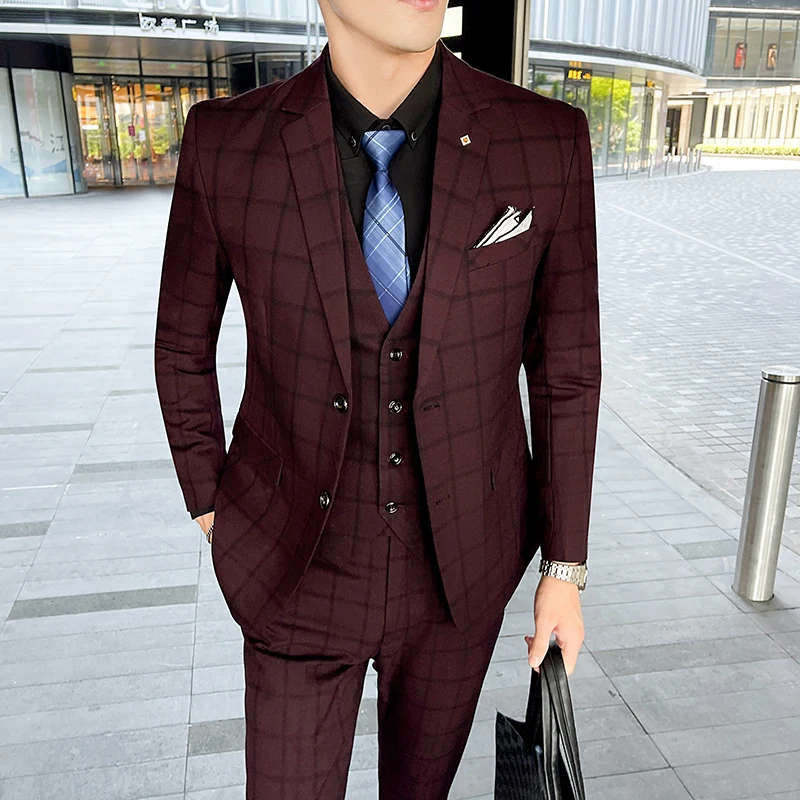 2024 Men\'s plaid suit (Suit + vest + trousers) Banquet Casual Business Work all matching fine 3-piece set (3-color M-5XL)