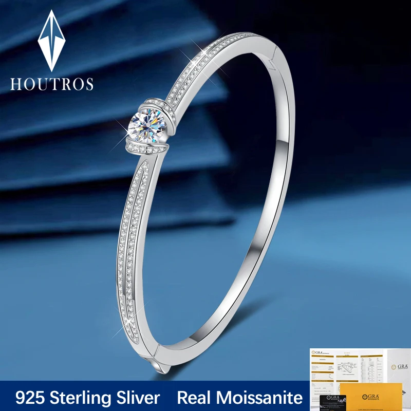 

Houtros Simple D VVS Moissanite Bracelet S925 Silver Bracelet With Double Rows Inlaid Diamond Bangle Fine Jewelry GRA 2023 New