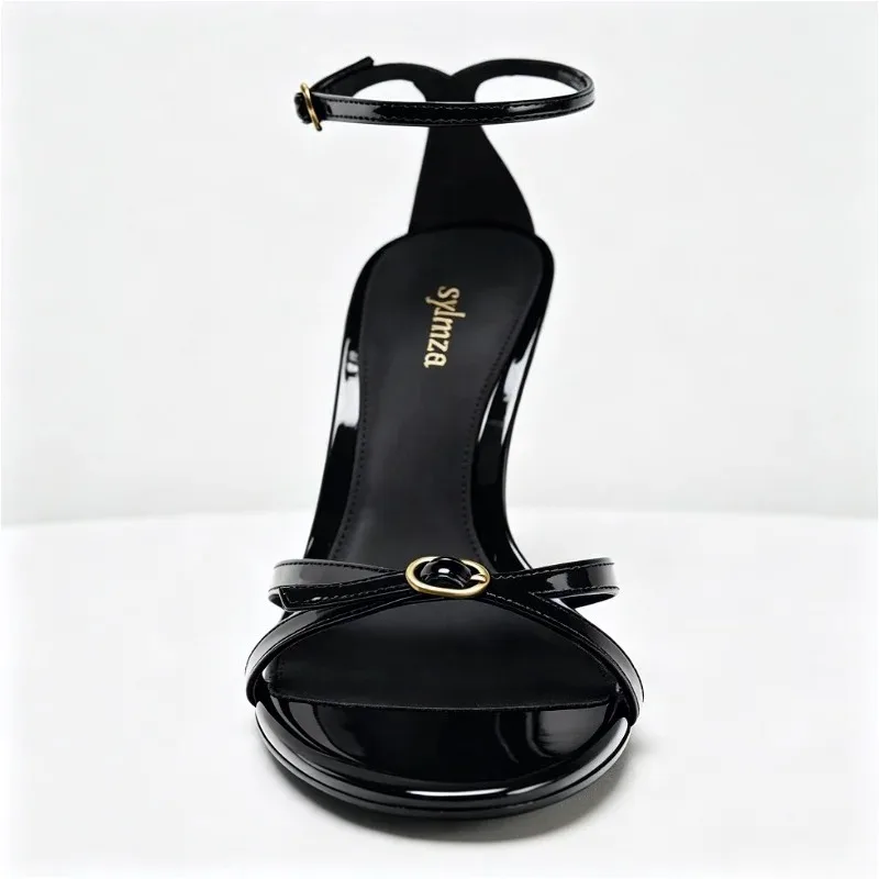 Black Patent Leather Buckle High Heel Sandals Women Fashion Round Toe Ankle Strap Party Dress Shoes Elegant Brand Designer Shoes view 3