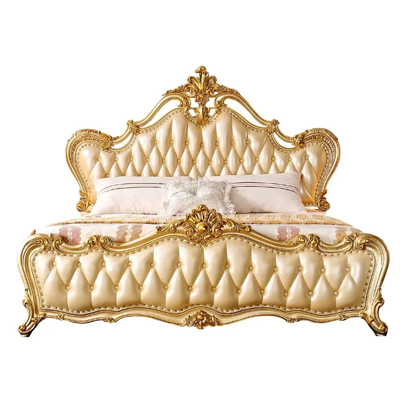 

European-style high-end master bedroom double bed, all solid wood leather, European and American French luxury wedding