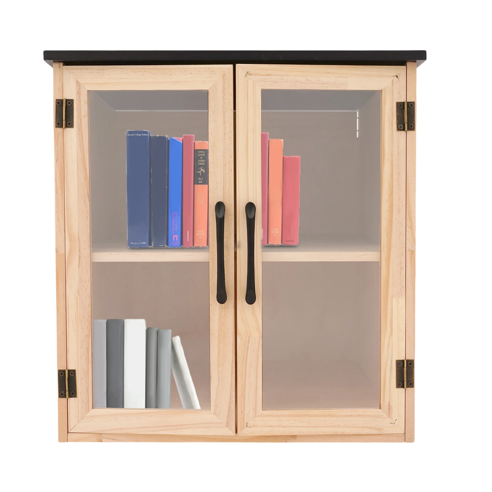 

Wooden Tabletop Storage Cabinet with Double Doors and Acrylic Panels for Displaying Collectibles, DIY Customizable Mini Book Storage Cabinet