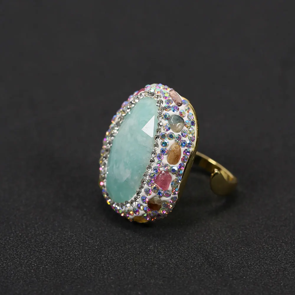 G-G Real Blue Amazonite Tourmaline Colorful CZ Paved Rings Adjustable Handmade Stone Ring Lady Simple Gifts