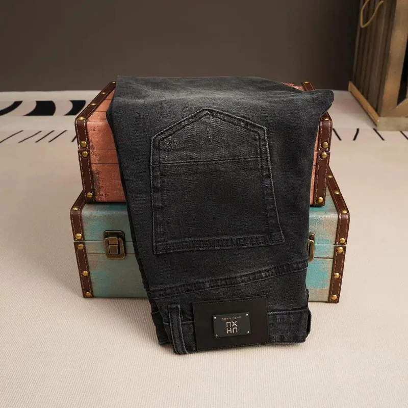 2026 New Black Jeans For Men American Style Ripped Patchwork Design Slim Straight Heavy Stretch Vintage Retro Long Denim