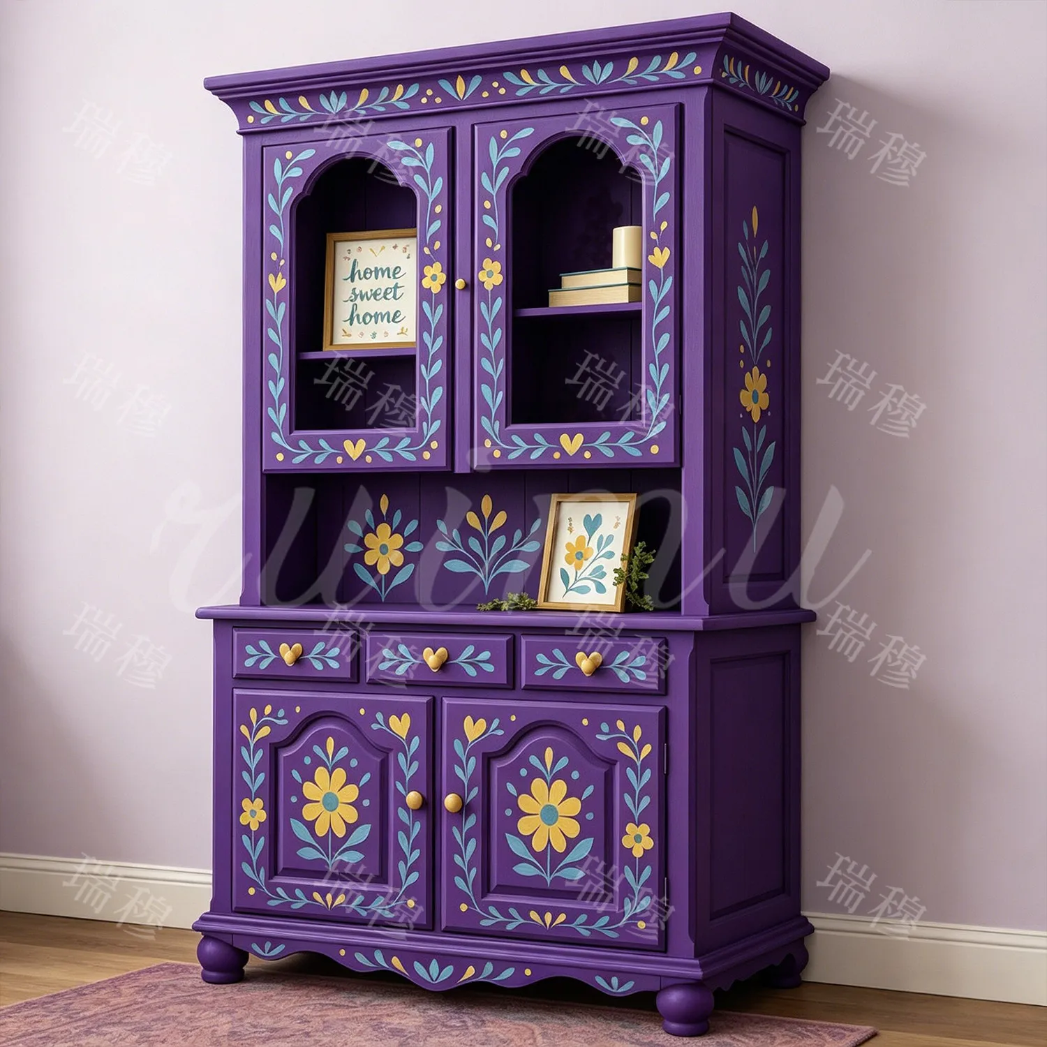 

DSA hand-painted glass cabinet retro solid wood dining side cabinet small apartment living room wall storage locker