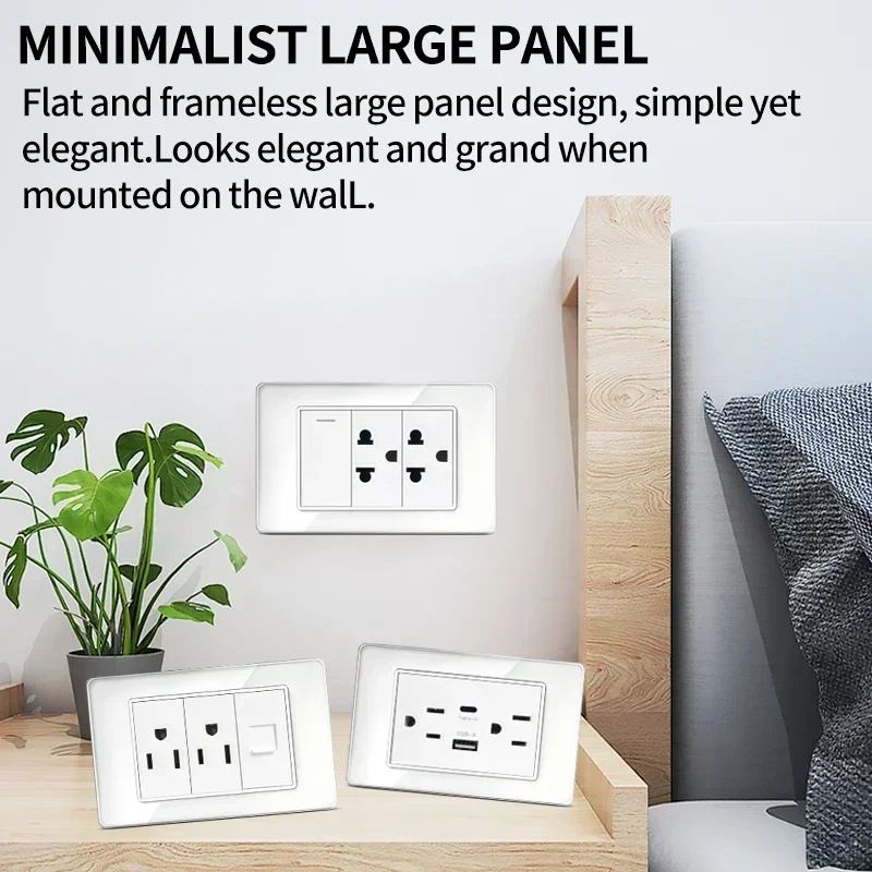 Glass Panel Wall SocketUS Mexico Standard, USB + Type-C Charging, Push Button Switch, Multi-Gang for Home Use