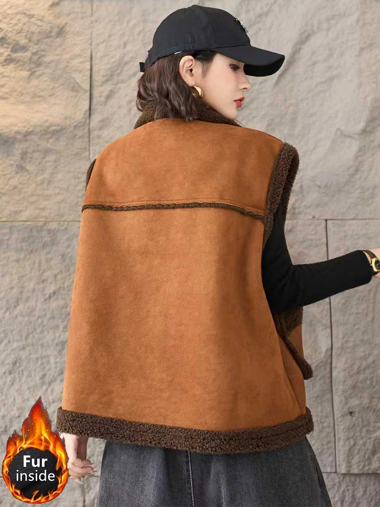 Amax LuluE 韓国製 冬用ベスト レディースファッション 暖かいファー スエード ノースリーブコート 2025 レディース クラシック ルーズ カジュアル ヴィンテージ ベスト