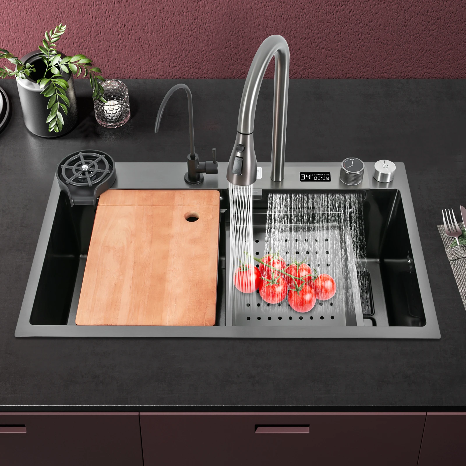 

Раковина с водопадом и цифровым дисплеем, многофункциональная кухонная мойка для рабочей станции с 360° ° Выдвижной смеситель для чистки посуды, фруктов