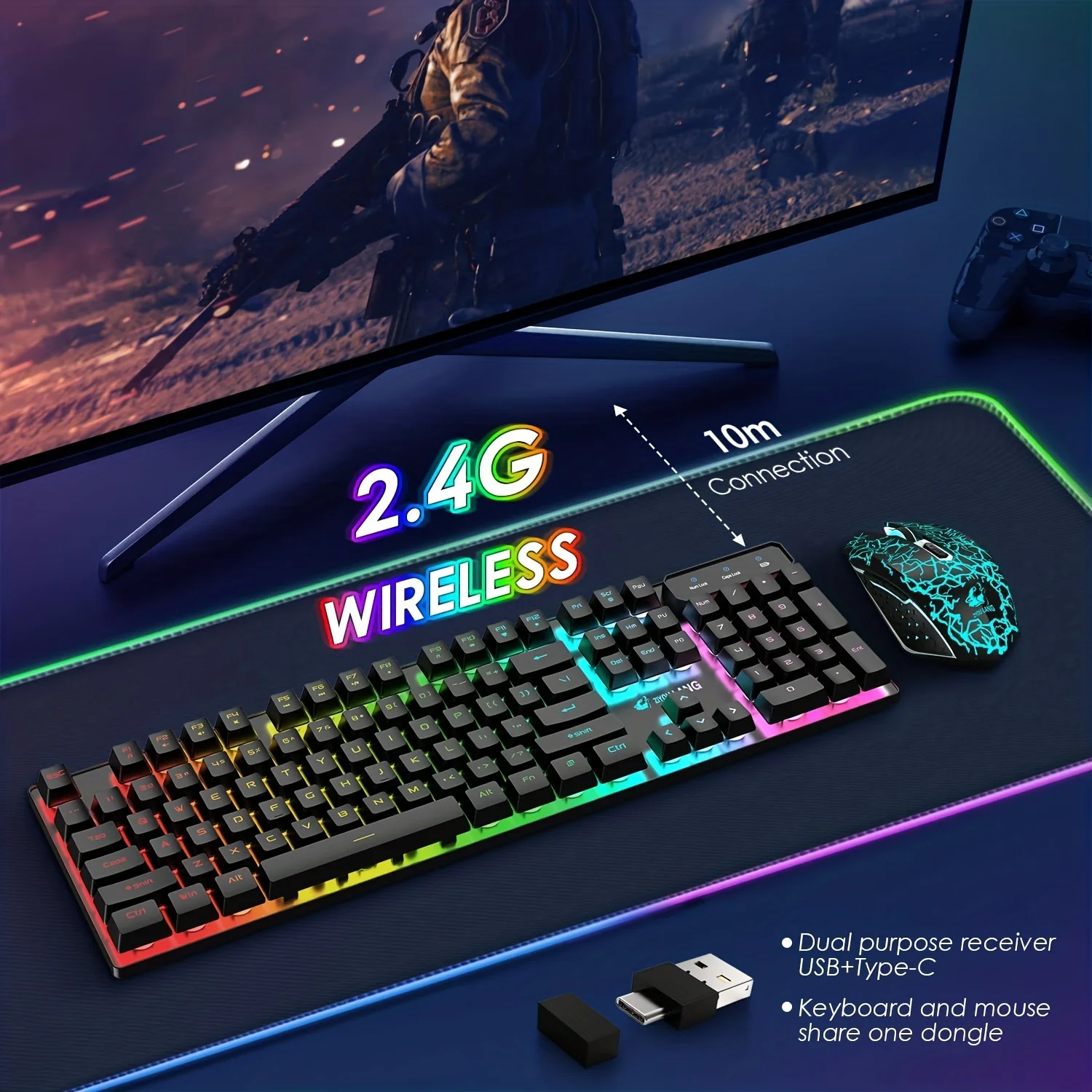 MAMBASNAKE T3 Wireless Gaming Keyboard Mouse Combo Rainbow Backlight Quiet Ergonomic Anti-ghosting Keyboard Mice