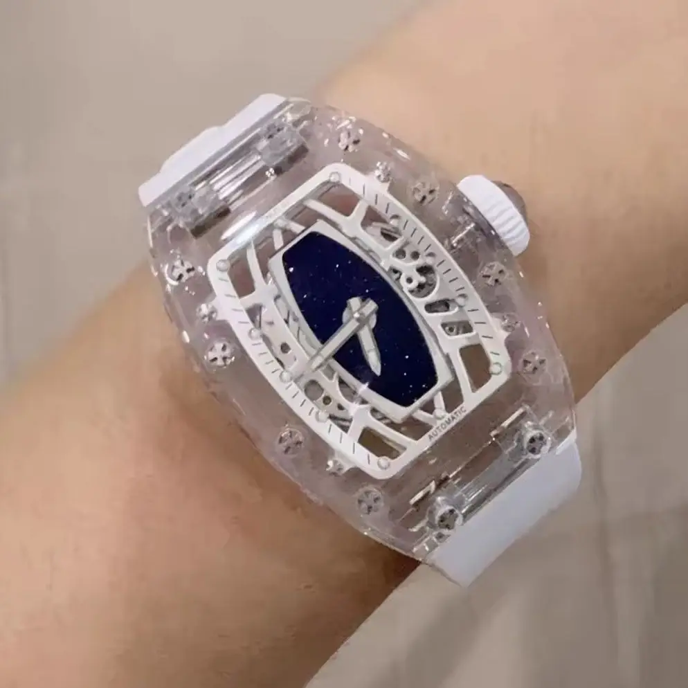 CRONUSART Women Automatic Watch Tonneau Ladies Meachanical Wristwatch Acrylic Case Sapphire Mirror Skeleton Dial FKM Strap
