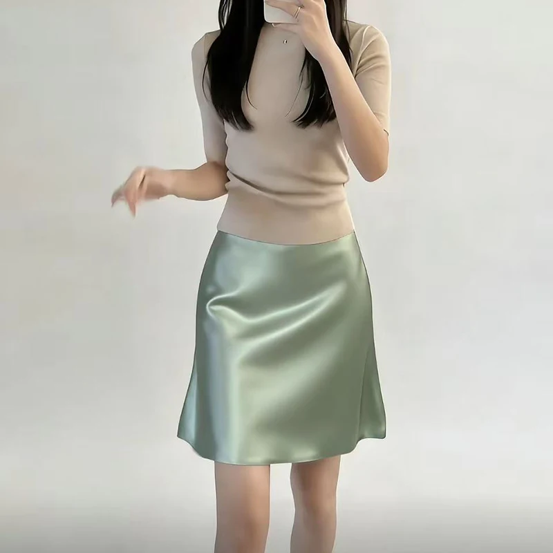 2026 Summer High Waist Satin Skirts Women Korean Fashion A Line Wrap Hip Short Skirt Woman Elegant Zip Up Ruffles Skirts Ladies