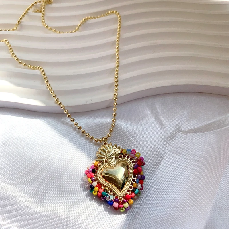 5 pcs/lot Latest Religious Colorful Beaded Sacred Heart Charms Necklace Gold Plated Handmade Sacred Heart Charm Trendy Necklace