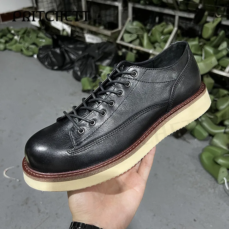 

Retro Work Wear Big Head Casual Shoes Round Head Genuine Leather Hand-Polished Shoes Thick Bottom Lace-Up Work Wear Men's Shoes