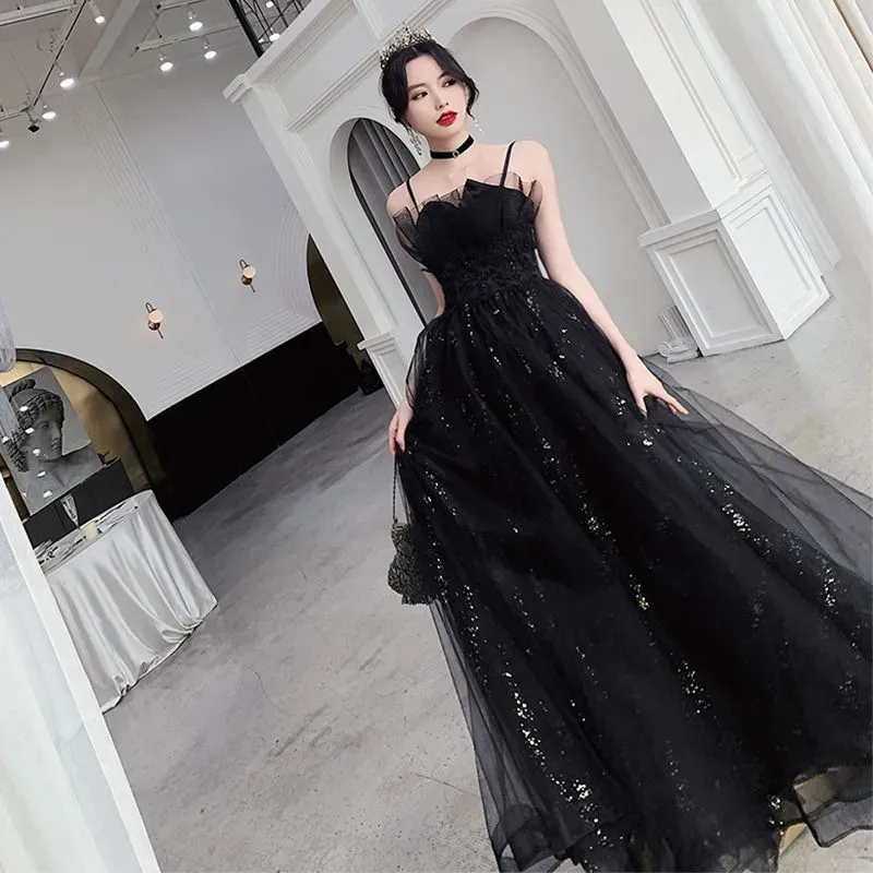 

Black Dress Solid Color Halter Long A-line Skirt Temperament Evening Gown Women Clothing M022