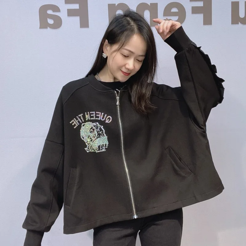 Women's Clothing Ruffled Rhinestone Oversized Cardigan Zipper Jacket Women's Autumn Winter Batwing Sleeves Black Versatile Coat