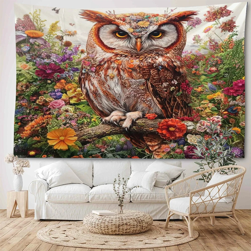 

Home decor tapestry with colorful owl background perched on beautiful flowers and branches, psychedelic owl