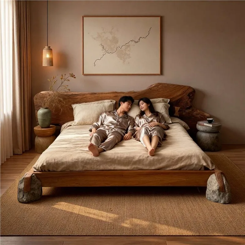 Solid wood double bed, master and secondary bedrooms, tatami mat bedroom, hotel, weathered wood and stone floor-length bed