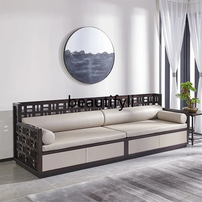 K132 Modern New Chinese Style Sofa Genuine Leather Combination Light Luxury High-end All Solid Wood Living Room Ebony Furniture