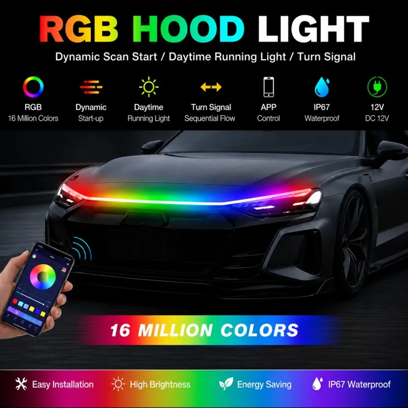 CF LED Daytime Running Light Scan Starting Car Hood Decorative Lights DRL Auto Engine Hood Guide Decorative Ambient Lamp 12V