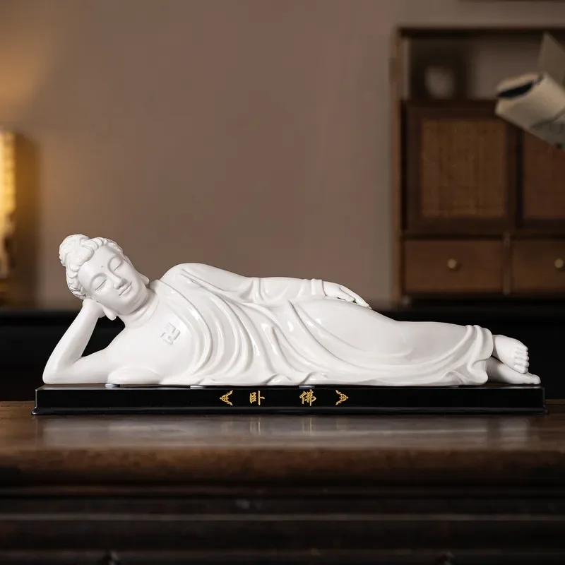 White Porcelain Reclining Buddha Statue Handmade Ceramic Sakyamuni Figure Light Luxury Home Decor Ornament for Living Room