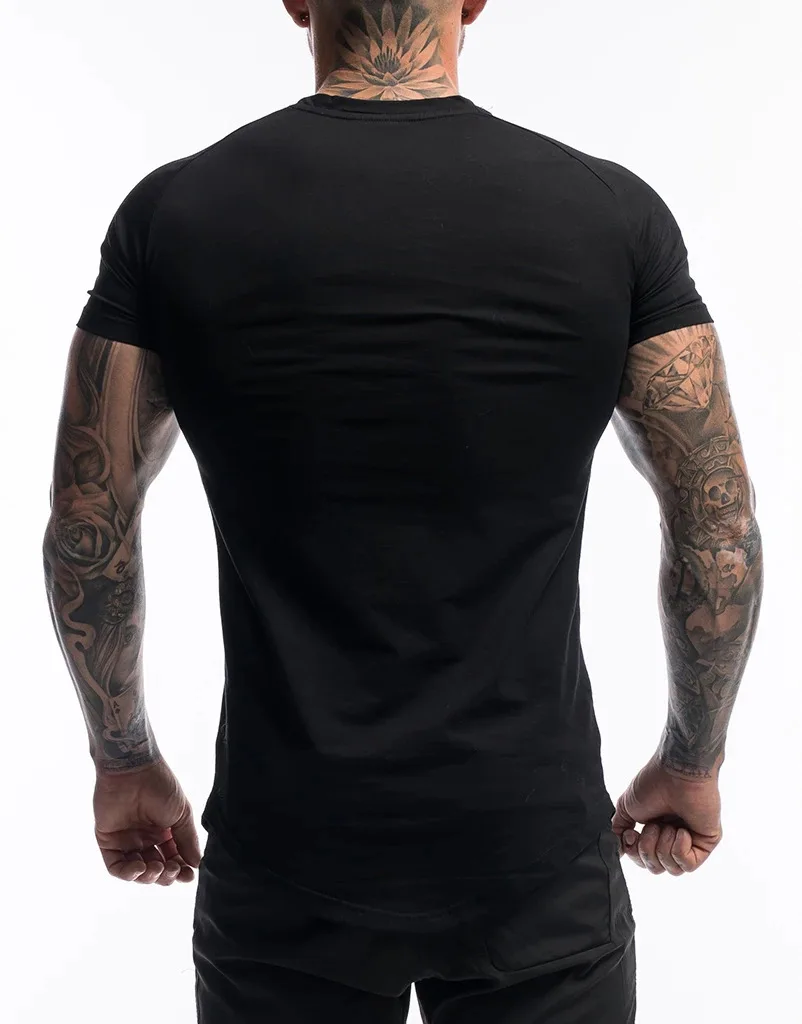 Men Tshirt Summer Curved Hem T-shirt Bodybuilding Big Letter Printed Men Fitness Workout Casual Shot Sleeve Shirt