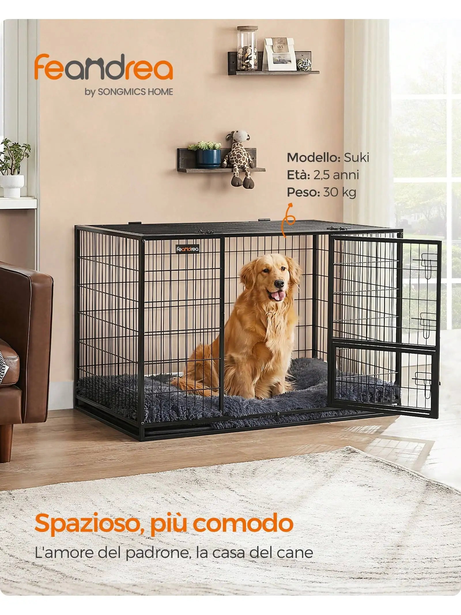 Cassa per cani Feandrea XXL: 122x74.5x80.5 cm per cani di taglia media/grande. Doppia porta rimovibile, facile da pulire. Nero.