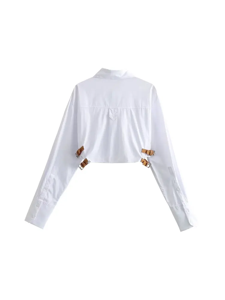 TELLHONEY Women Fashion White Lapel Collar Single Breasted Blouses Female Casual Long Sleeves Shirts With Pockets Chic Crop Tops