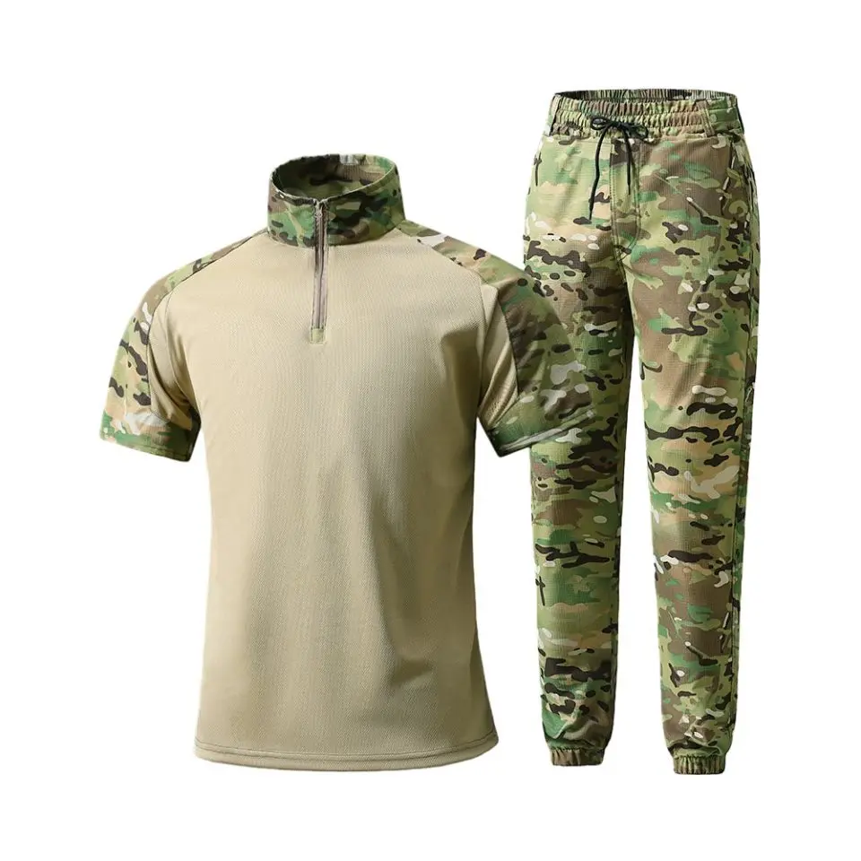 

Летний тонкий повседневный комплект: модный дышащий свободный топ с воротником-стойкой и камуфляжные повседневные брюки для мужчин, спортивный костюм из махровой ткани с коротким рукавом.
