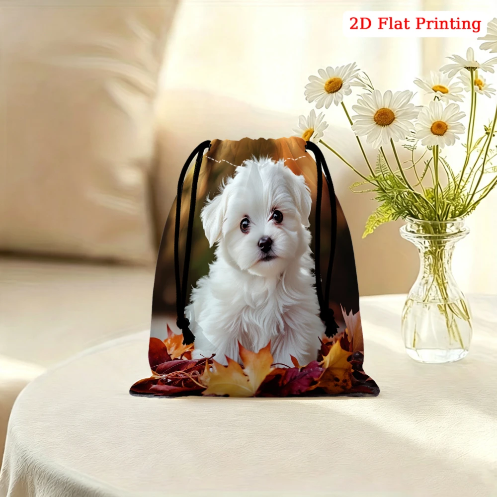 1pc Cute White Puppy Drawstring Bag Autumn Leaves Print Storage Small Pouch For Travel Cosmetics Accessories Organizer Gift