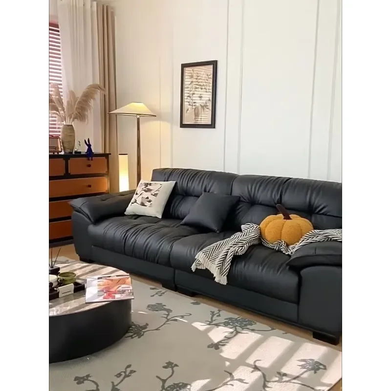 2025 Italian Minimalist Modern Luxurious Style Leather Sofa Living Room Retro Black Modular Home Sponge Filled Set Leather