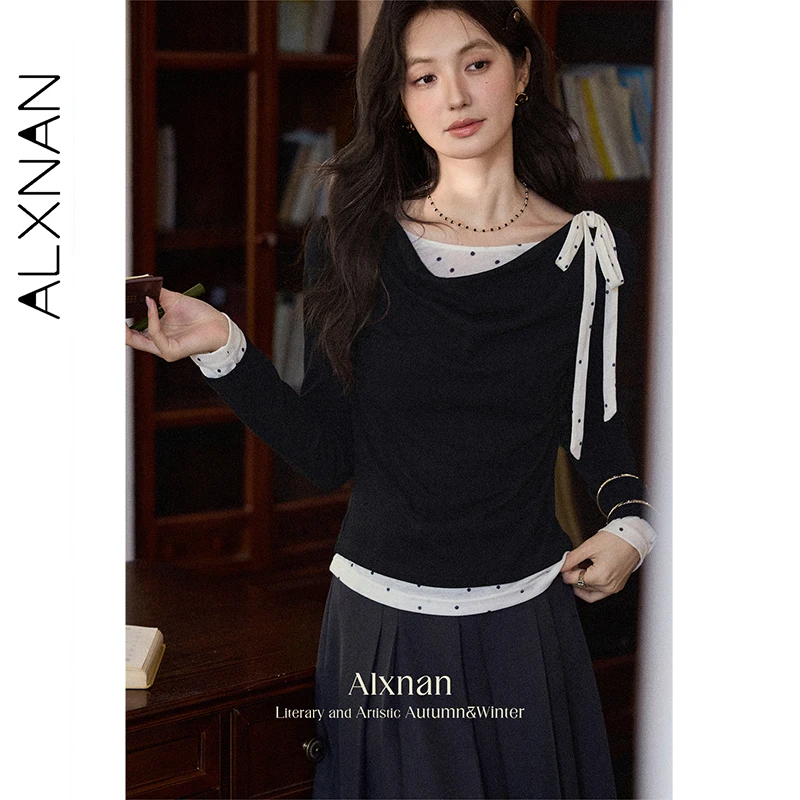 

ALXNAN Women's Black Long-Sleeve T-Shirt False Two Piece Design Bow Knot Decoration New Polka Dot Color Block Top Autumn L569125