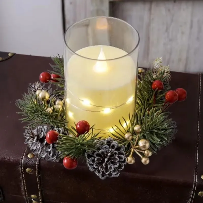 Christmas Candle Rings Wreaths Red Berry Wreath Candle Ring Eye-Catching Candle Holder Rings For Dinner Table Mantel Shelf Door