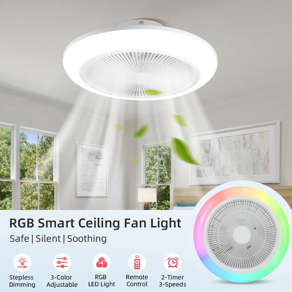 Lámparas de ventilador de techo LED RGB, luces de ventilador de techo con Control remoto silencioso regulable, iluminación inteligente LED para