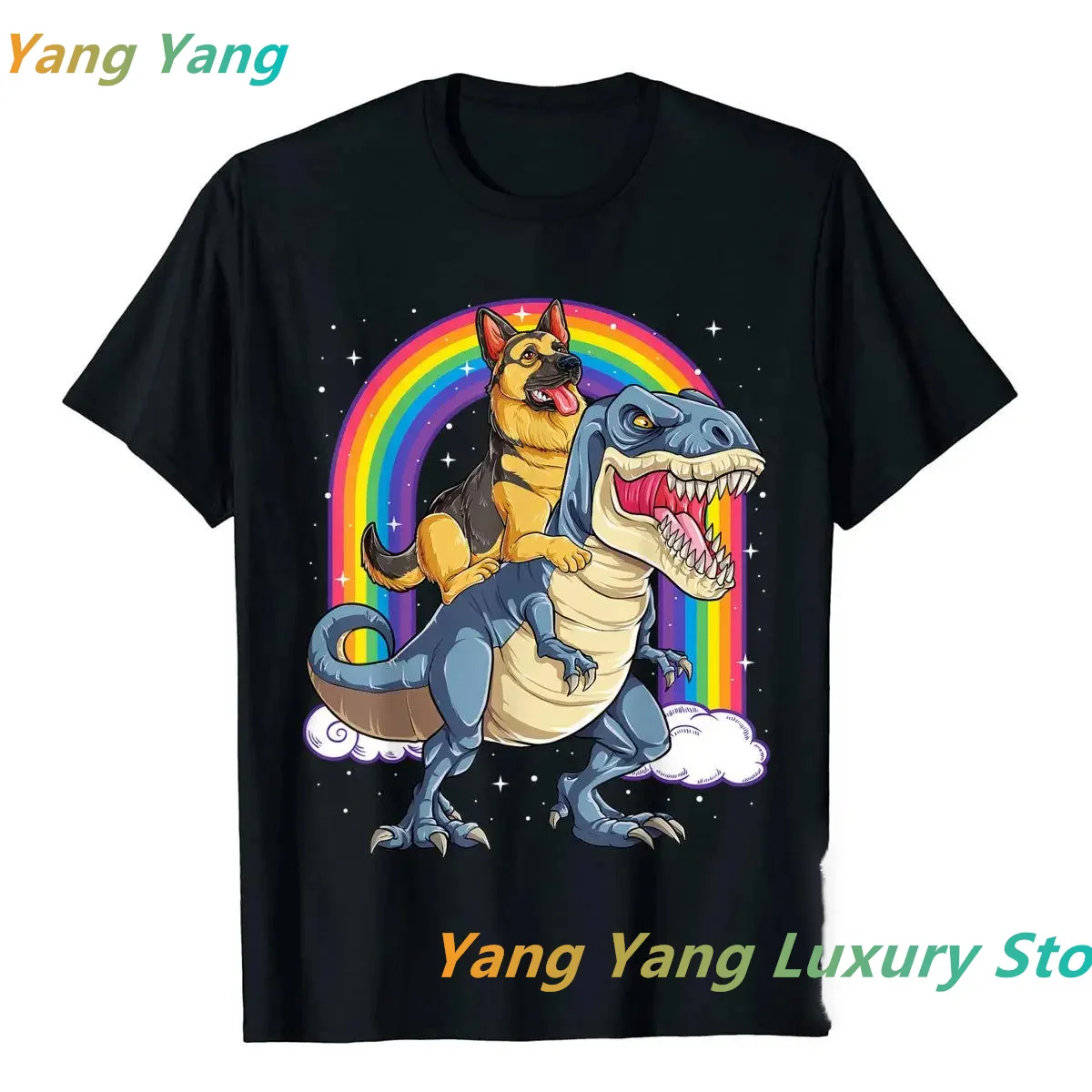 German Shepherd Riding Dinosaur T Rex Tshirt for Men Rainbow Cotton T-Shirt Summe Women Men Cotton T-shirt Top Men Clothing