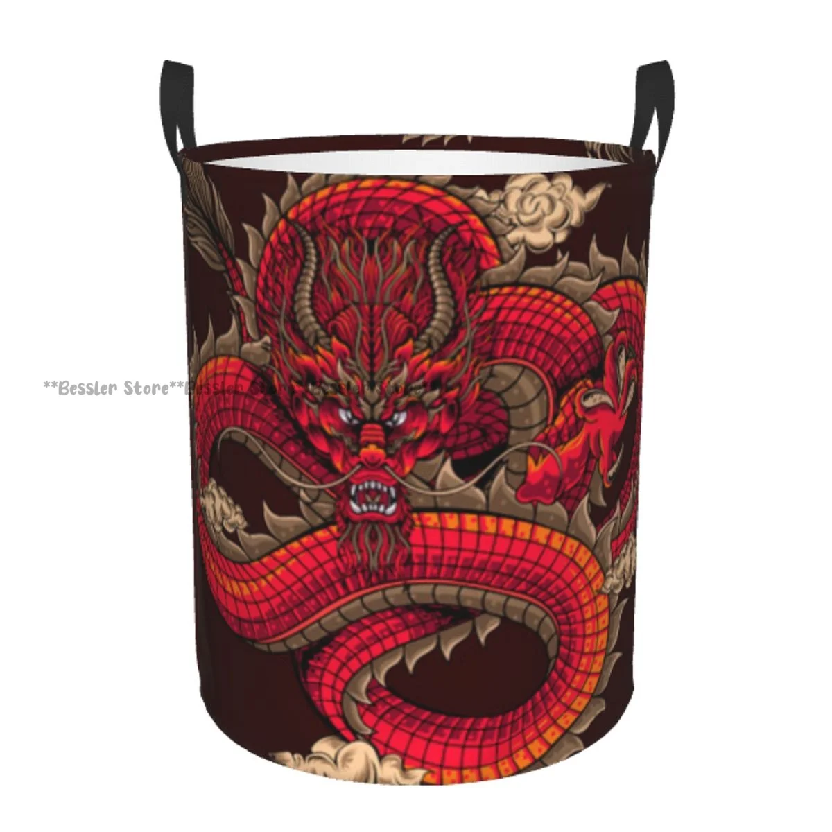 

Laundry Basket Dragon With Cloud Illustration Round Storage Bin Collapsible Hamper Clothes Bucket Organizer