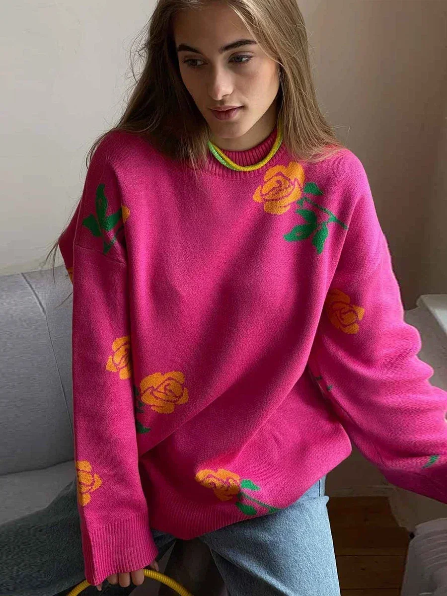 

Bornladies Flower Print Fashion Sweater Women's Casual Loose Female Knitted Top Winter Thick Warm Oversized Knitted Pullover