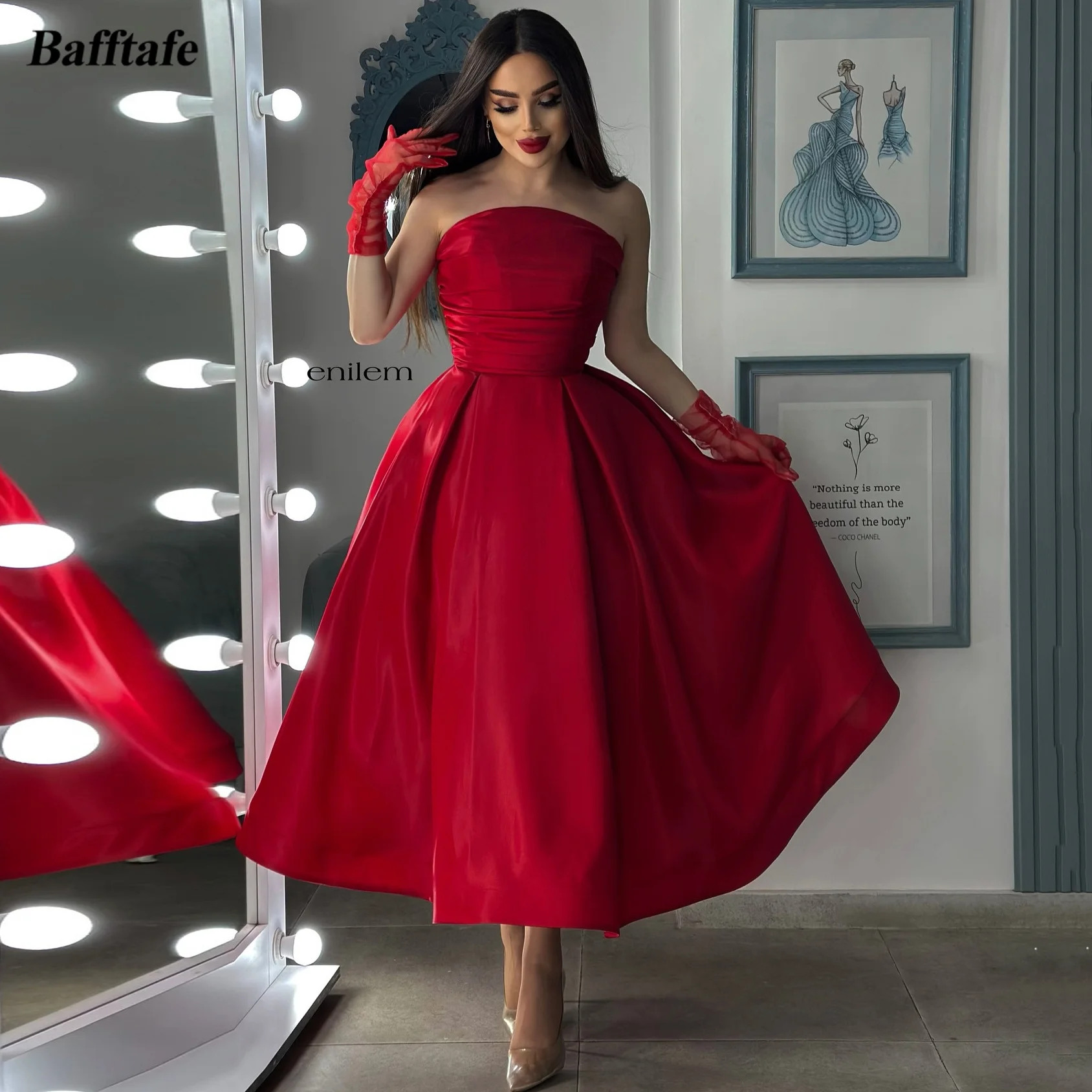 

Bafftafe Burgundy Satin A Line Midi Prom Dresses Customized Satin Tea-Length Women's Party Formal Occasion Evening Gowns 2025