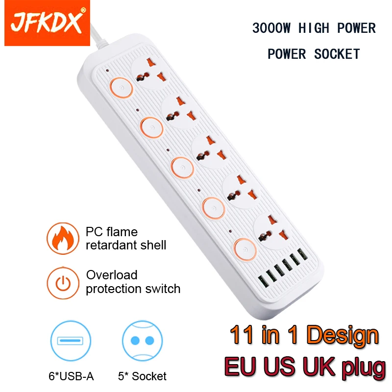 

JFKDX 3000W US UK EU Plug Power with 5 AC Outlets 6 USB independent Switch Fast Charging Ports Multi Power Strip Extension cable