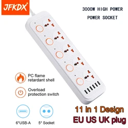 JFKDX 3000W US UK EU Plug Power with 5 AC Outlets 6 USB independent Switch Fast Charging Ports Multi Power Strip Extension cable