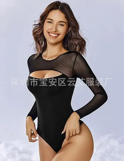 Amazon Sexy Round Neck Front Hollowed Mesh Perspective Tight Outside Wear Long Sleeve Bottom Onesie Cw16767