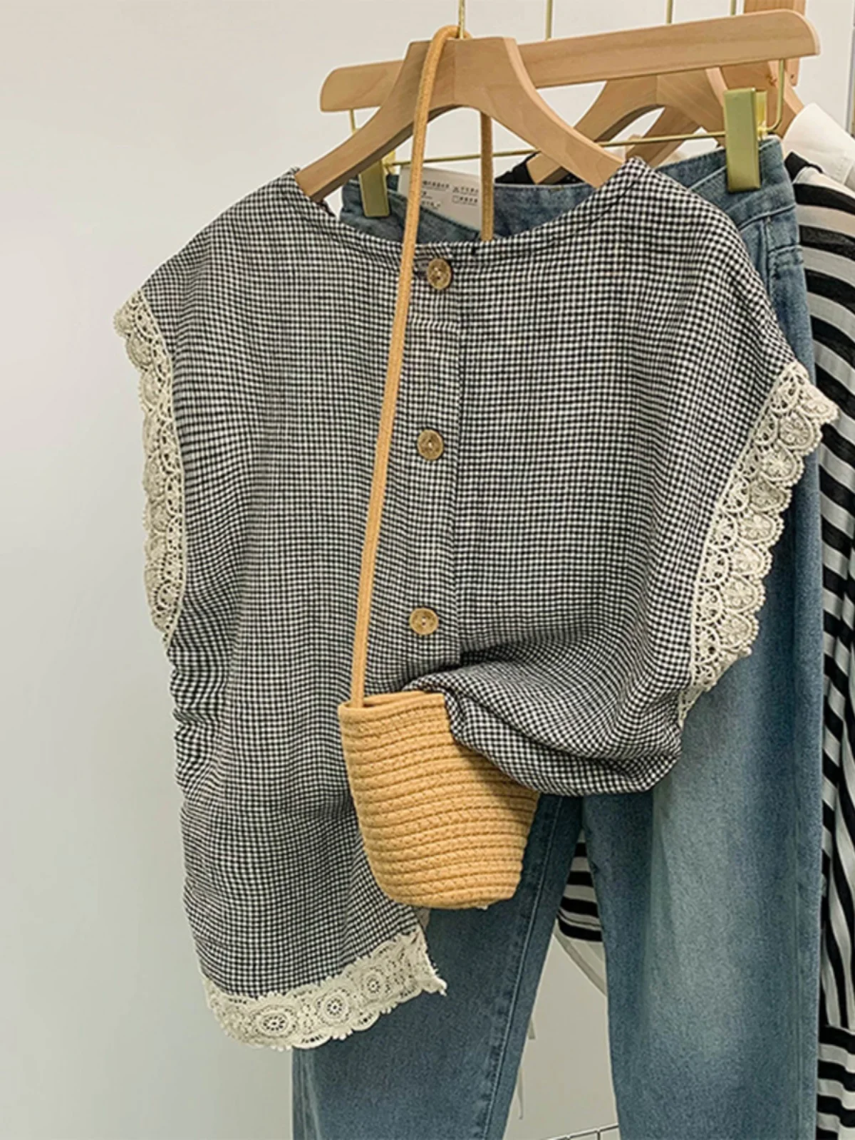 Dentelle épissure Svel rond Ne bouton unique femmes irt coupe ample été minceur vichy gilet haut trajet Sle