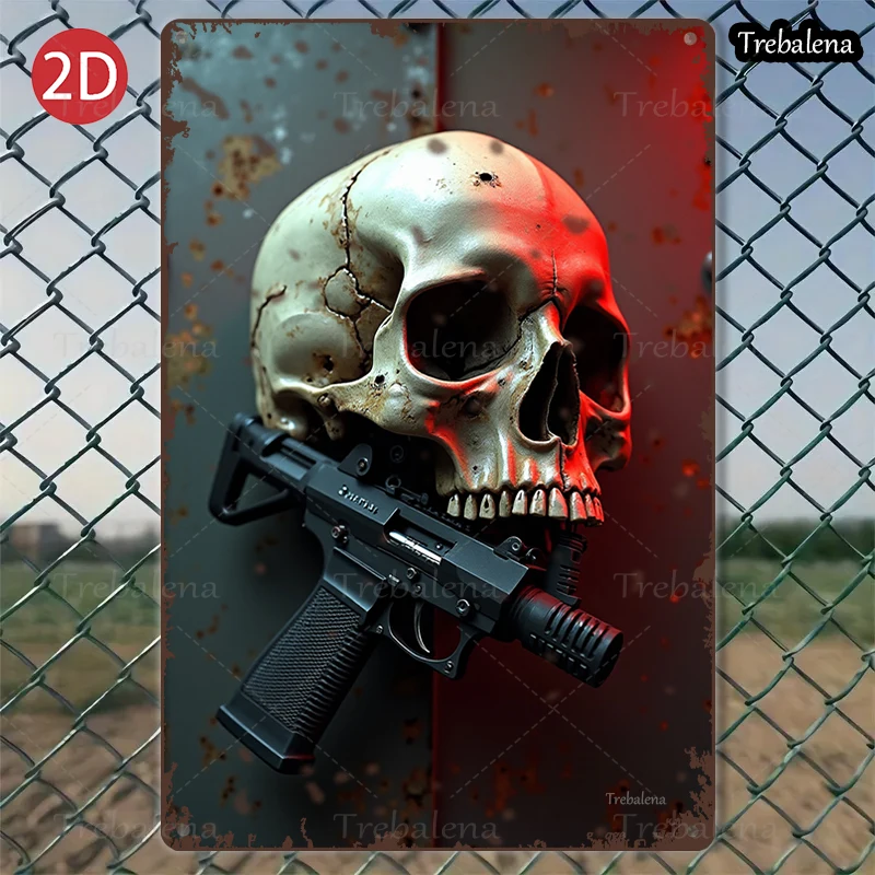 

1PC 2D Flat 8*12inch Metal Sign Skull with Gun Metal Art Rustic Style Decor