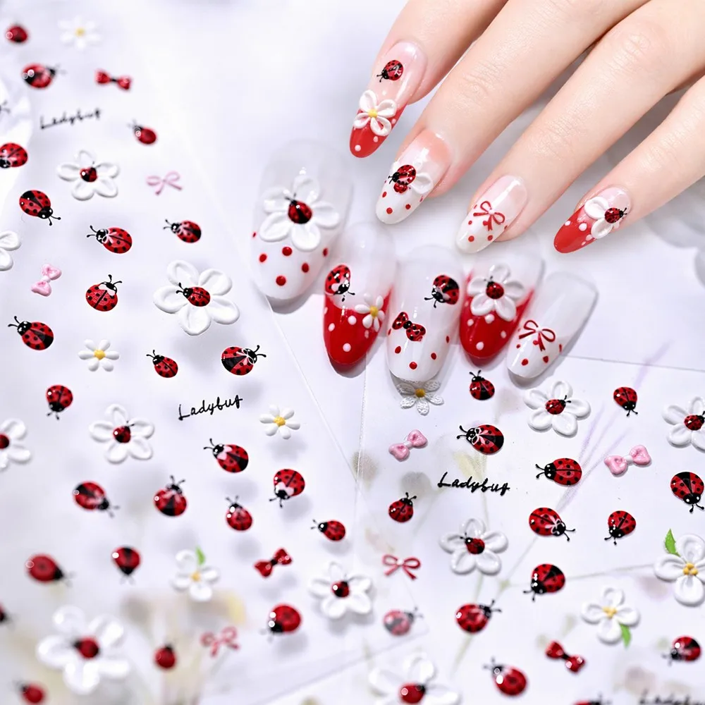 1pc 5D Embossed Ladybug Nail Art Sticker Cute White Daisy Bee Ladybird Slider Decal Self-adhesive Flower Insect Manicure Sticker
