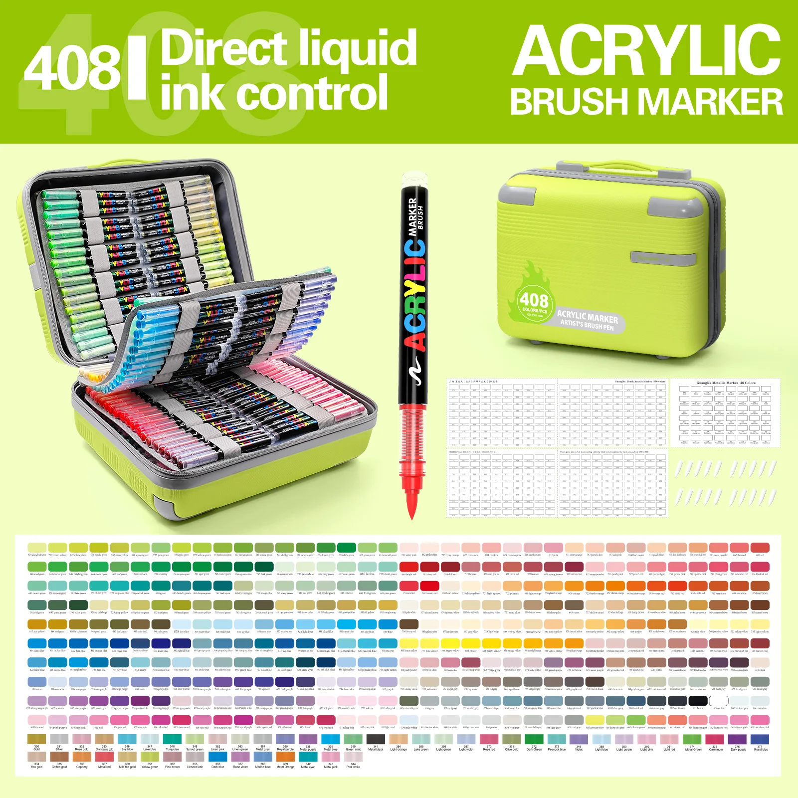 Guangna Brand Marker Pens, Classic 408 Colors, Suitcase-Style Direct Liquid Ink Control Acrylic Paint Marker Pens, Painting and Graffiti Markers, Ink Is More Rich, Smooth Ink Flow, Comprehensive Color Range, Stackable Colors, Strong Coverage, Felt-Tip Pen Stationery Set, Suitable for Canvas, Wood, Stone, Glass, Ceramics, Fabric Painting, DIY Crafts, Art Supplies, Great Gift for Painters