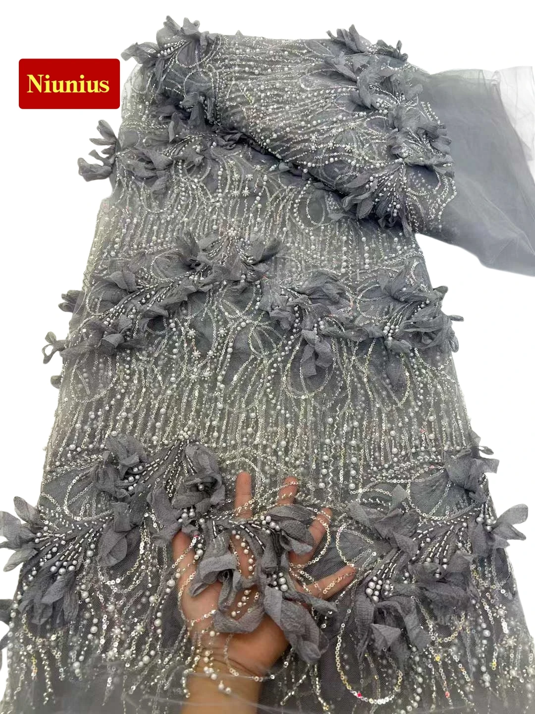 

2026Elegant Wedding Evening Dress Fabric - Soft Tulle 3D Lace with Stones, High Quality (Austria Latest)NN5698_R