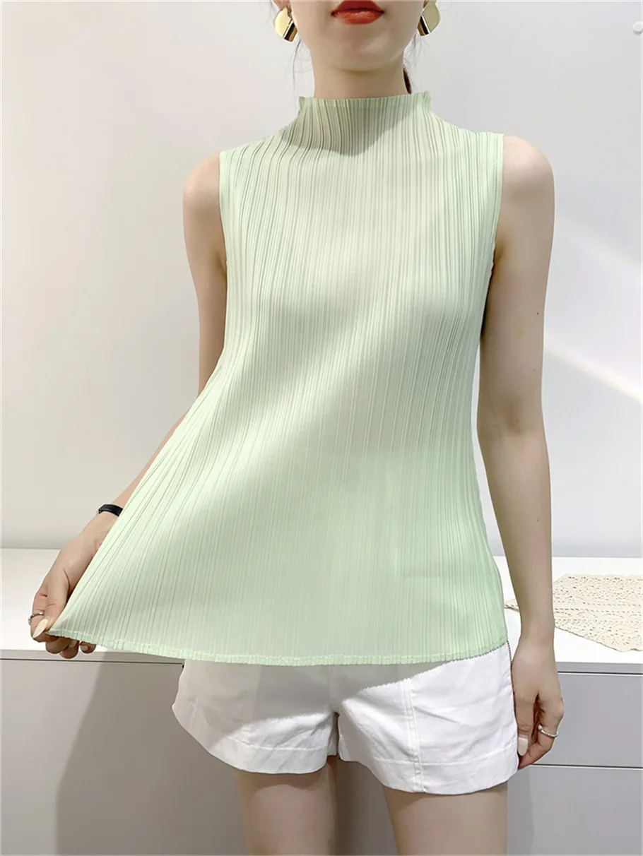 Miyake Summer Outwear Vest Slim High Stretch Pleated Top Half High Neck Sleeveless Comfortable Casual