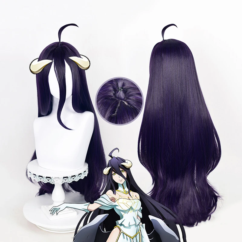 

Anime Overlord Cosplay Albedo Wigs 100cm Deep Purple Black Wig Heat Resistant Synthetic Wigs + Wig Cap+Horns